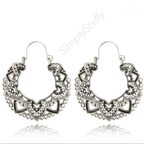 RESTOCKING Silver Lotus Heart Boho Hoop Earrings - Picture 2 of 3